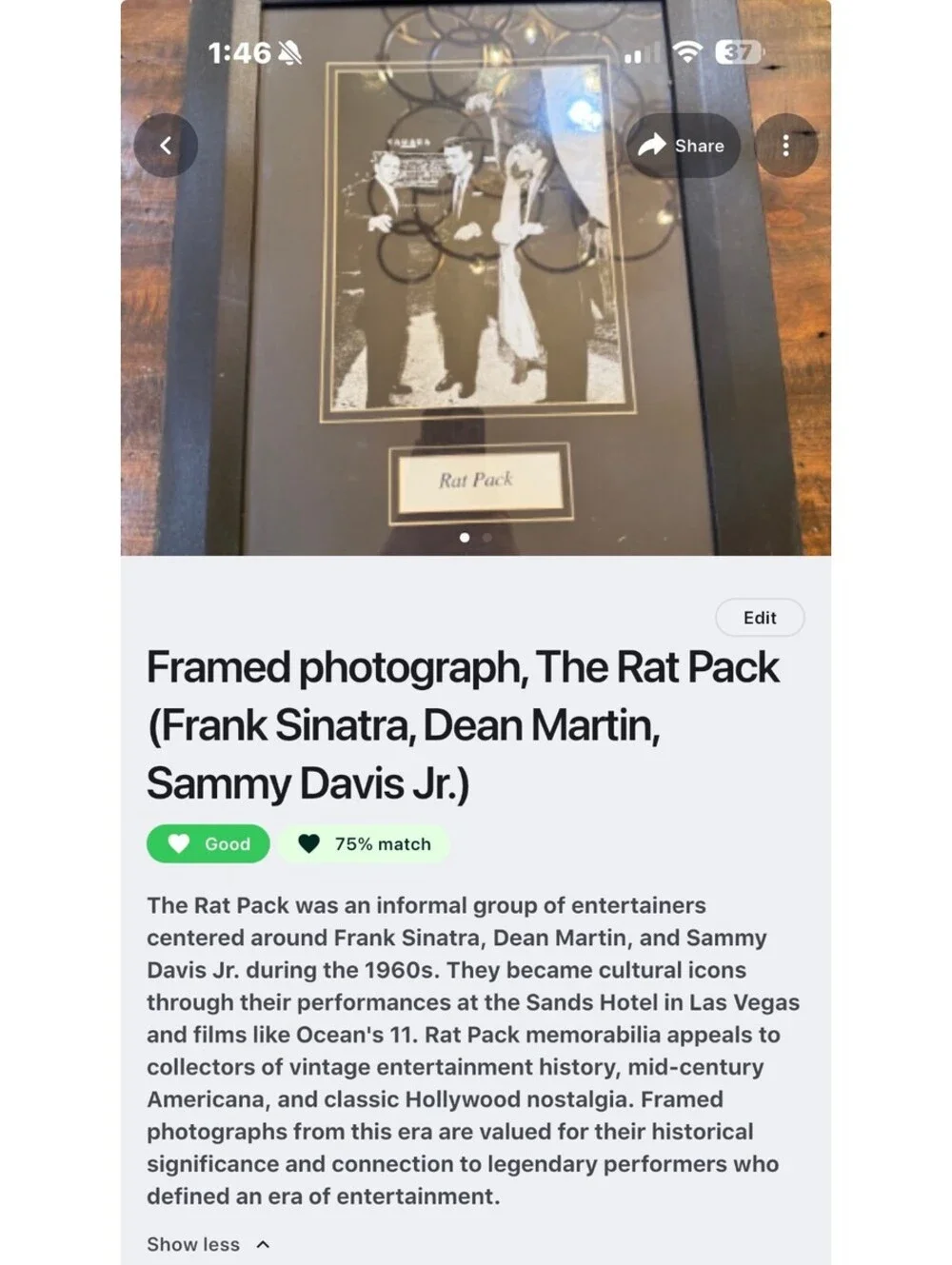 Framed Vintage Rat Pack Photograph Featuring Frank Sinatra, Dean Martin, Sammy D